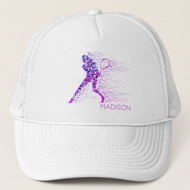 Tennis Pink Pixels Personalized Name Trucker Hat (Front)
