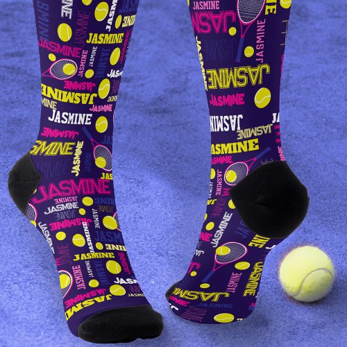Tennis pink purple white yellow name pattern socks