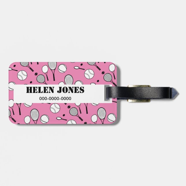 Tennis pink white black luggage tag (Back Horizontal)
