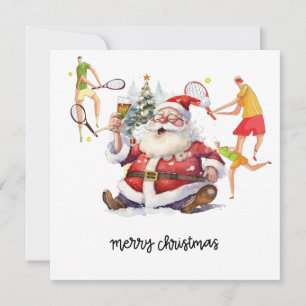 Tennis Player behind Santa Claus for Christmas  Holiday Card