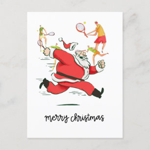 Tennis Player behind Santa Claus for Christmas Holiday Postcard