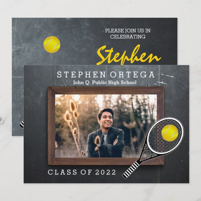 Tennis Player Chalkboard Photo Graduation Invitation (Front/Back)