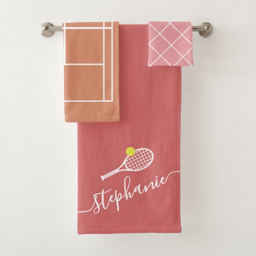 Tennis Player Clay Court Neutrals Monogram Name  Bath Towel Set