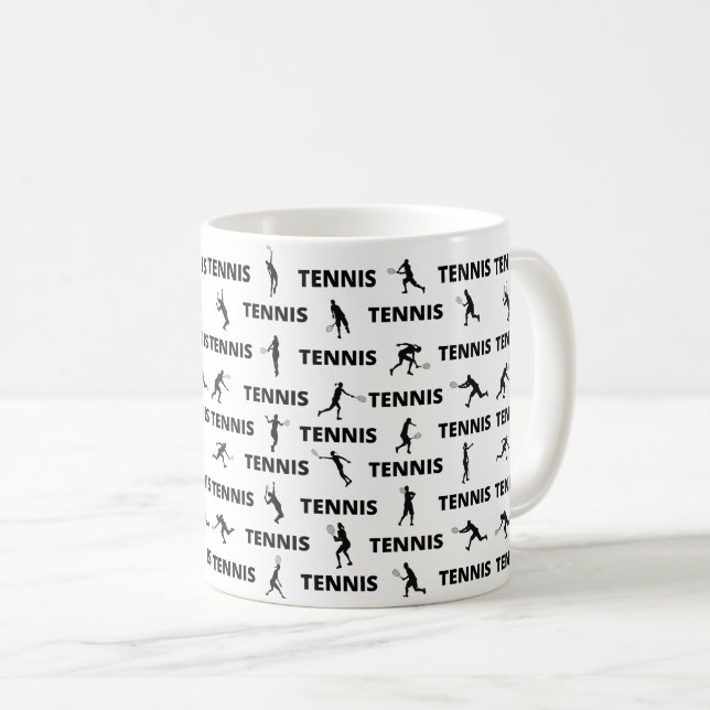 Tennis Player Coach Black Silhouettes Pattern Coffee Mug (Front Right)