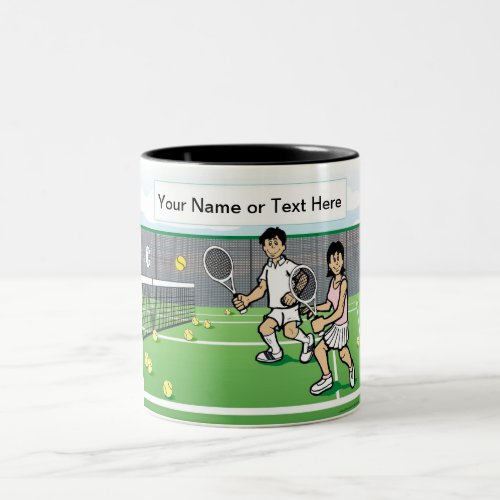 Tennis Player Couple Cartoon by PrintedPerfection Two_Tone Coffee Mug