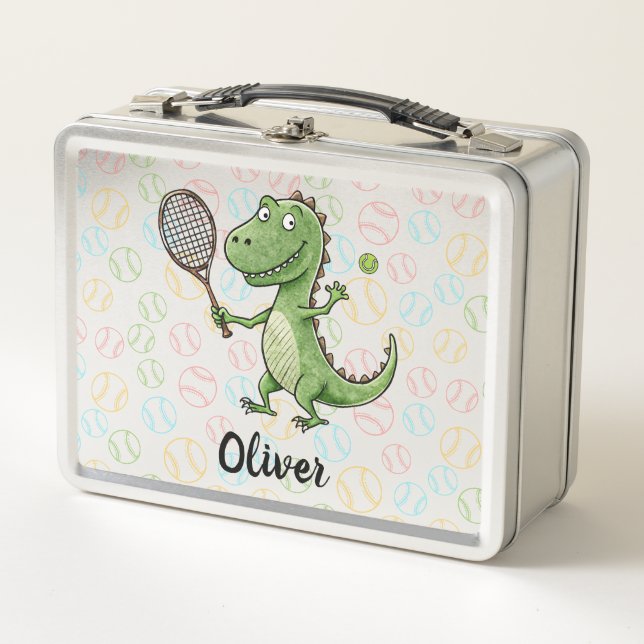  Tennis Player Cute Dinosaur Metal Lunch Box (Front)