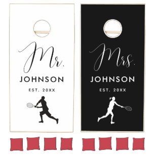 Tennis Player Family Wedding Mr. Mrs. Name Elegant Cornhole Set