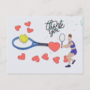 Tennis player hold blue racket postcard