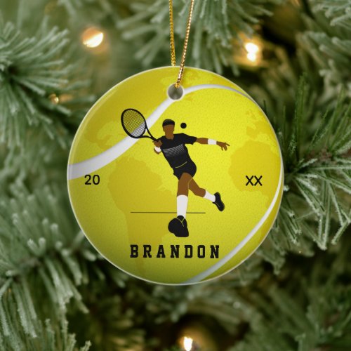 Tennis Player Illustration &amp; Boys Kids Name Year   Ceramic Ornament