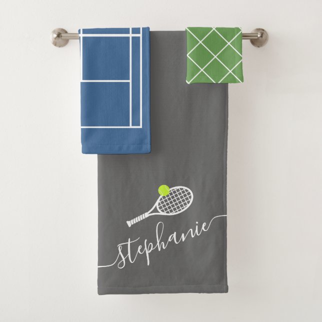 Tennis Player Monogram Custom Name Bath Towel Set (Insitu)