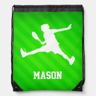Tennis Player; Neon Green Stripes Drawstring Bag