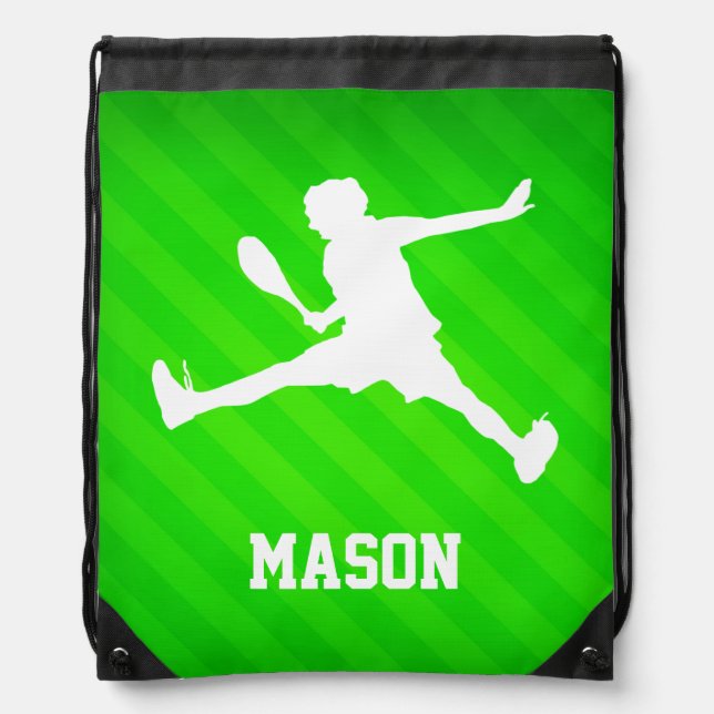 Tennis Player; Neon Green Stripes Drawstring Bag (Front)