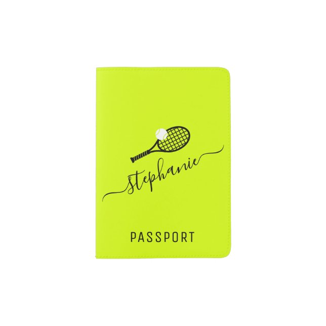 Tennis Player Personalized Script Name Yellow Passport Holder (Front)