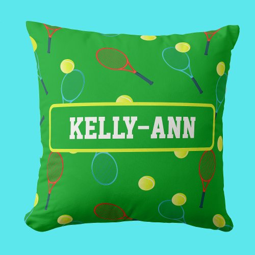 Tennis Player Racquets and Balls Pattern Throw Pillow
