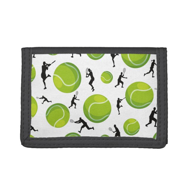 Tennis Player Silhouette Green Tennis Ball Pattern Trifold Wallet (Front)