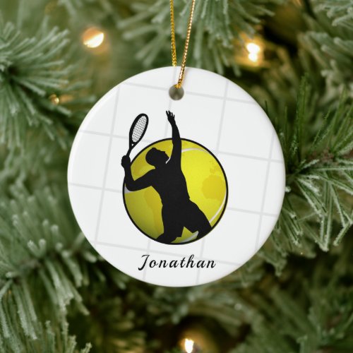 Tennis Player Silhouette Serving Add His Name Ball Ceramic Ornament