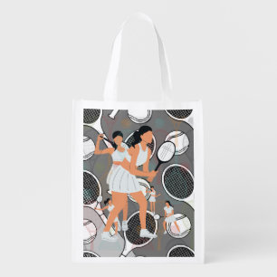 Tennis player with racket and ball on court  grocery bag