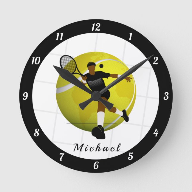 Tennis Player's Silhouette Illustration Sport Name Round Clock (Front)