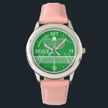 Tennis Players, Tennis Watch. Watch<br><div class="desc">Tennis Players, Tennis Watch. This fun Tennis Players, Tennis wristwatch has a tennis match theme. It has a tennis court design with a tennis net and above it are two crossed tennis rackets and a tennis ball. Instead of numerals it has a tennis score around the green dial: Love, 15,...</div>