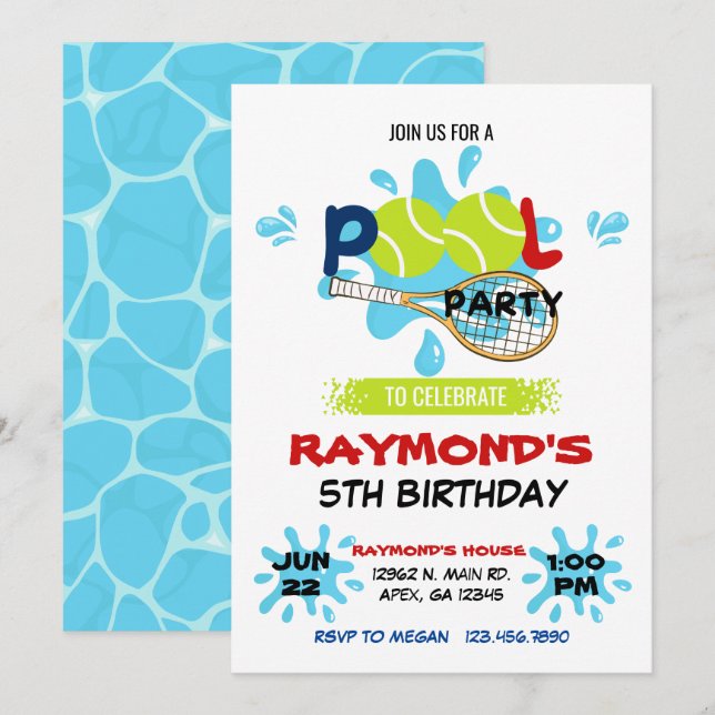 Tennis Pool Party Birthday  Invitation (Front/Back)