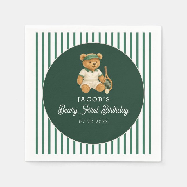 Tennis Preppy Bear Green 1st Birthday Napkins (Front)