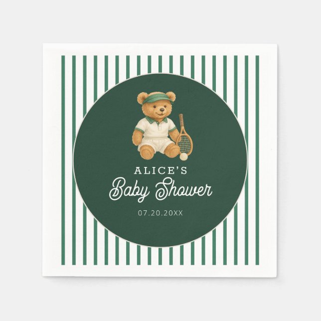Tennis Preppy Bear Green Baby Shower Napkins (Front)