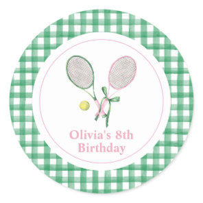 Tennis preppy plaid birthday invitation classic round sticker