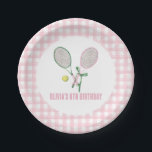 Tennis preppy plaid birthday invitation paper plates<br><div class="desc">Preppy Tennis birthday with pink racket and green bow.</div>