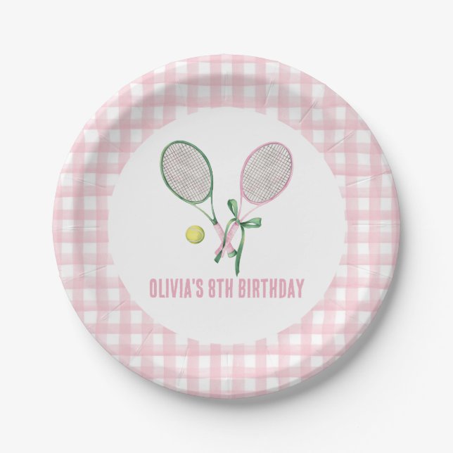 Tennis preppy plaid birthday invitation paper plates (Front)