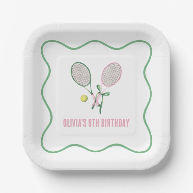 Tennis preppy plaid birthday paper plates (Front)