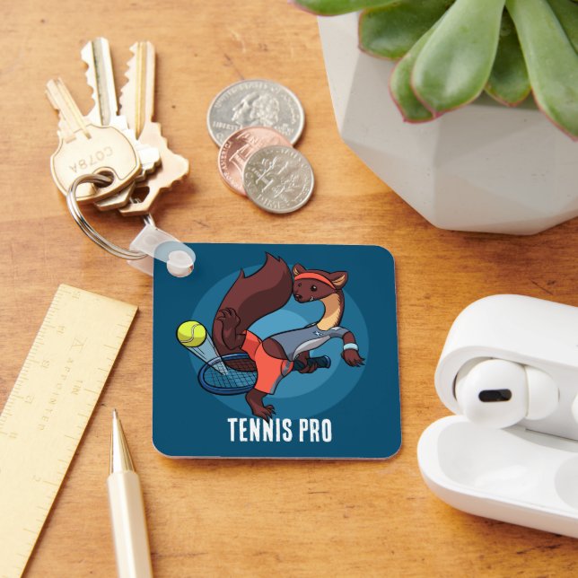 Tennis Pro Hot Dog Trick Shot Pine Marten Cartoon Keychain (Desk)