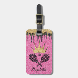 Tennis Queen Pink Glitter Sparkle Monogrammed Name Luggage Tag