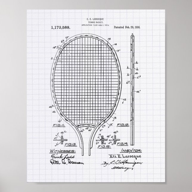 Tennis racket 1916 Patent Art - Lined Peper Poster (Front)
