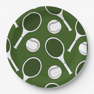 Tennis racket and ball black ink on green  paper plates