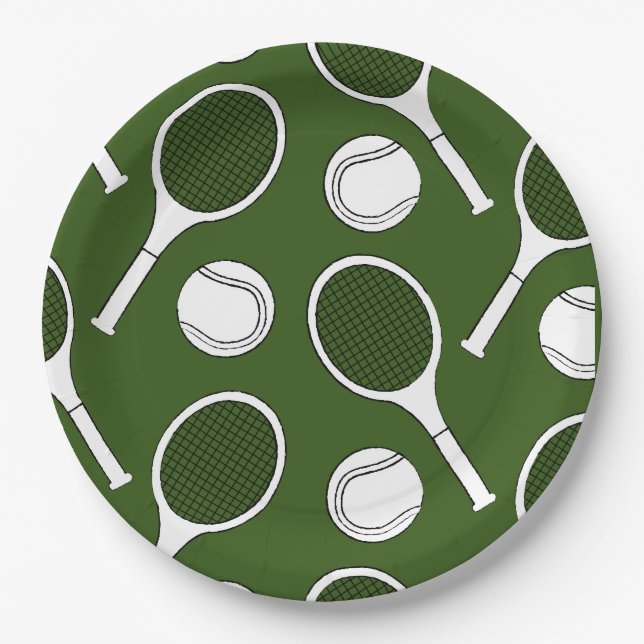 Tennis racket and ball black ink on green  paper plates (Front)