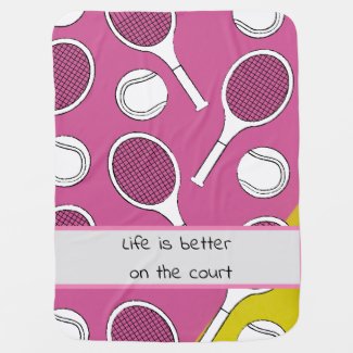 Tennis racket and ball black ink on pink girly baby blanket
