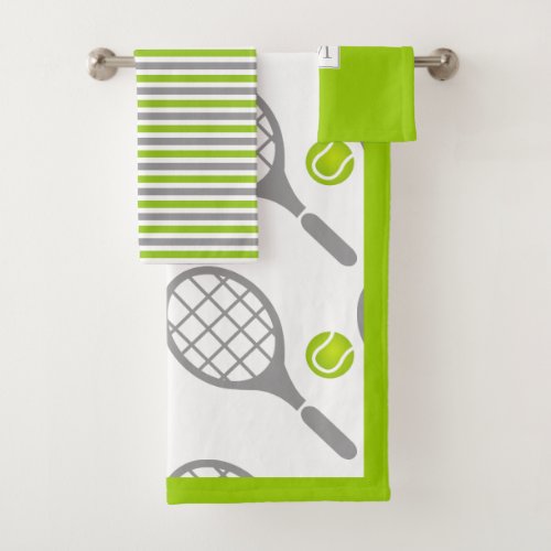 Tennis racket and ball border and monogram bath towel set