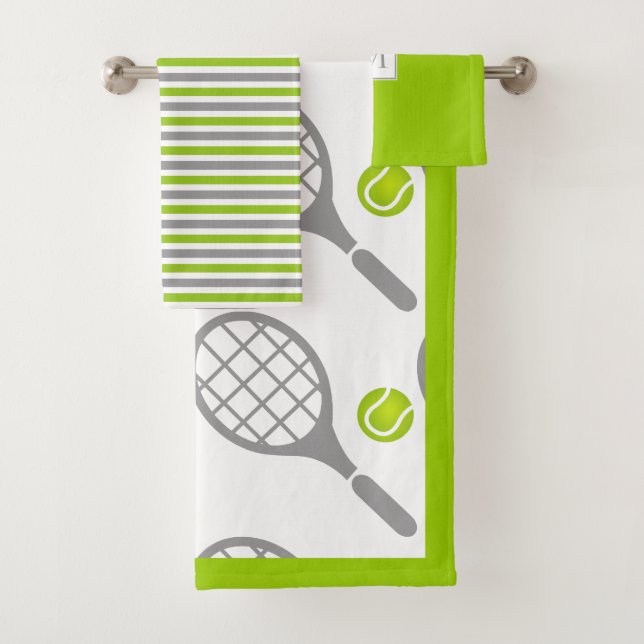 Tennis racket and ball, border and monogram bath towel set (Insitu)