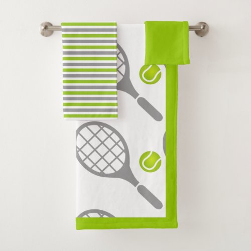 Tennis racket and ball border and stripes bath towel set