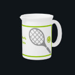 Tennis racket and ball custom drink pitcher<br><div class="desc">Tennis racket and ball beverage pitcher that showcases a grey racket, a green tennis ball and your text on white background with green border. This cool design is a template and it is completely customizable. Personalize it and add the text “Best tennis player” or monogram, name or your message. Some...</div>