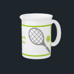 Tennis racket and ball custom drink pitcher<br><div class="desc">Tennis racket and ball beverage pitcher that showcases a grey racket, a green tennis ball and your text on white background with green border. This cool design is a template and it is completely customizable. Personalize it and add the text “Best tennis player” or monogram, name or your message. Some...</div>