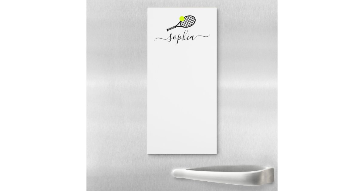 Tennis Racket and Ball Modern Script Name Fridge Magnetic Notepad | Zazzle