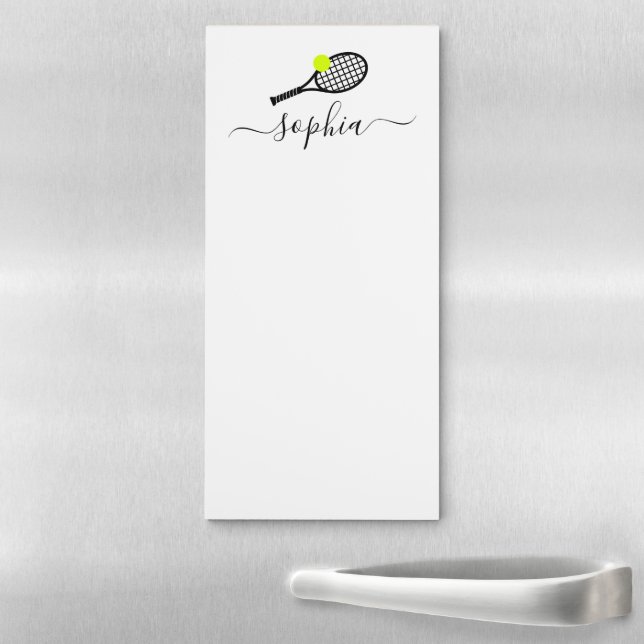 Tennis Racket and Ball Modern Script Name Fridge Magnetic Notepad (In Situ)