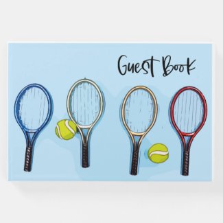 Tennis racket and ball on blue background guest book