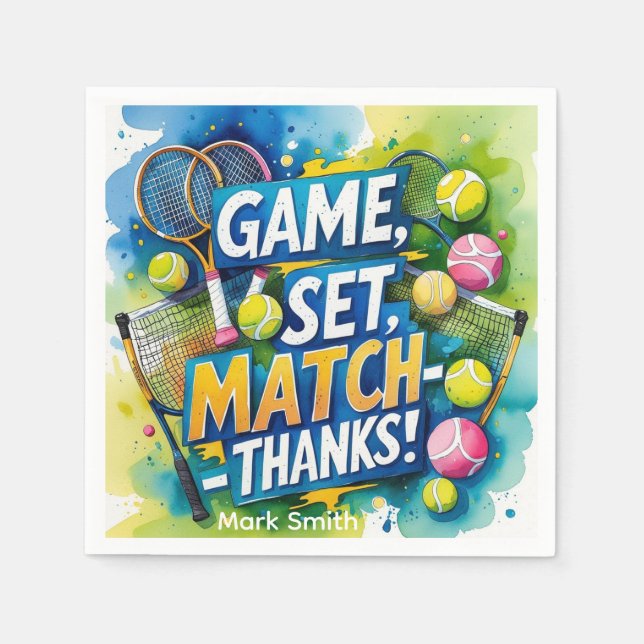 Tennis Racket and Ball on Court Thank you party  Napkins (Front)