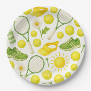 Tennis racket and ball Summer Party Green Yellow Paper Plates