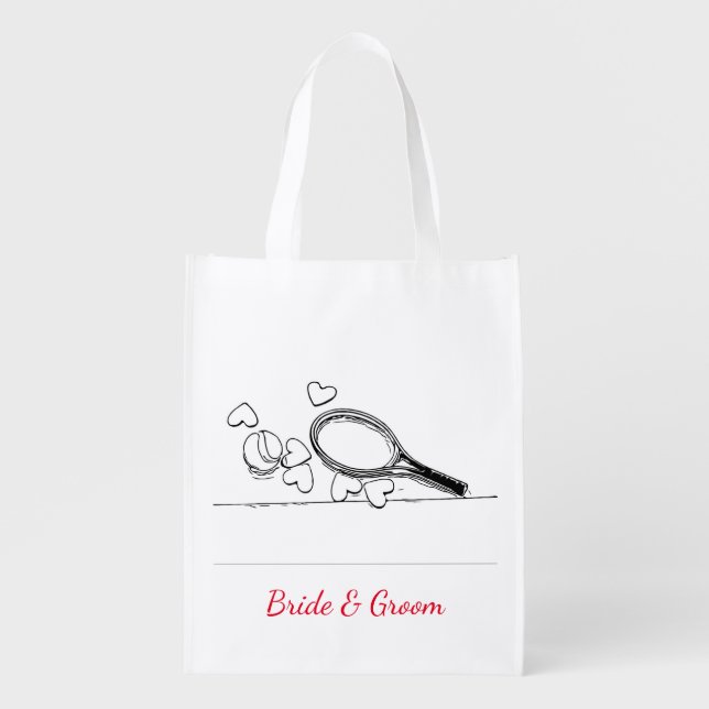 Tennis racket and ball with heart wedding grocery bag (Front)