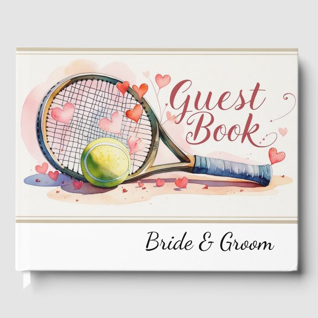 Tennis racket and ball with heart wedding themed guest book (Front)