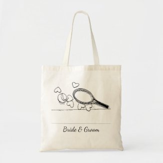 Tennis racket and ball with heart wedding tote bag