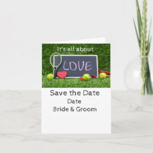 Tennis racket and ball with love invitation